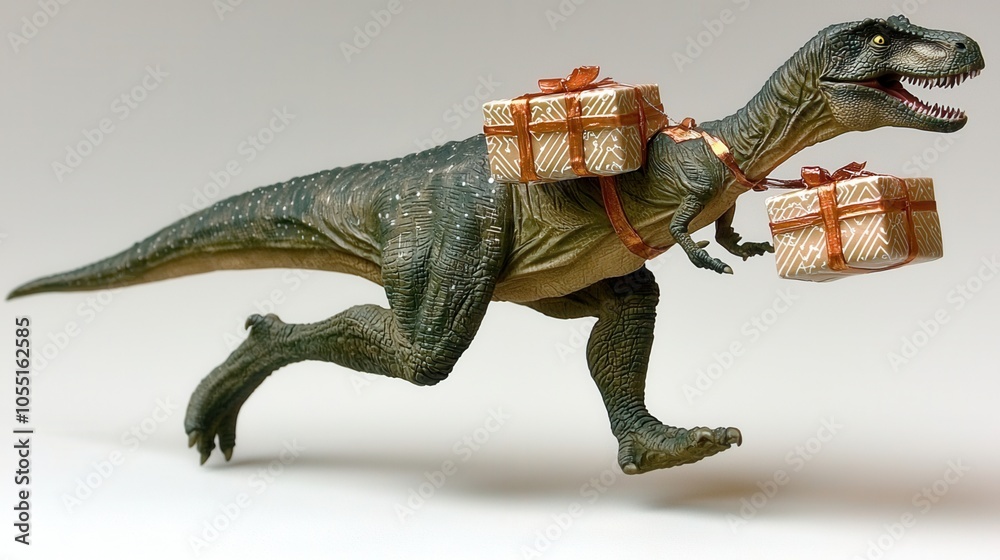 Fototapeta premium A toy dinosaur joyfully runs while carrying gifts, adding a playful touch to festive themes and imaginative settings.