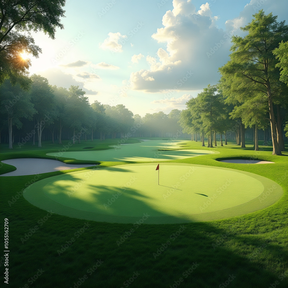 Golf course with a green grassy area and a flag on the ground Golf course with a green grassy area and a flag on the ground