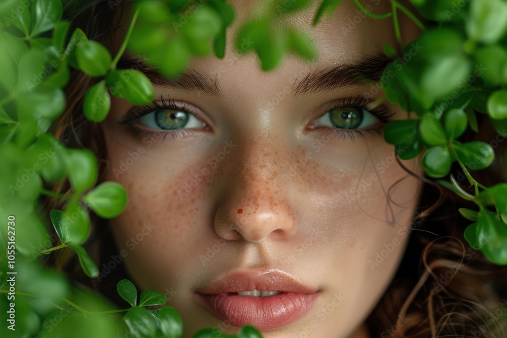 A serene portrait of a woman surrounded by lush green leaves. A serene portrait of a woman surrounded by lush green leaves.