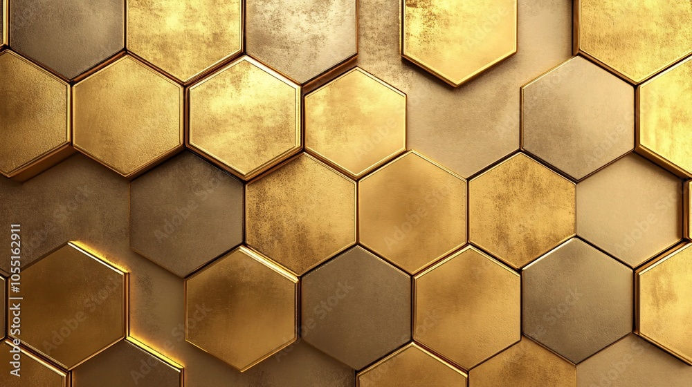 2410 69.A refined honeycomb-inspired hexagon pattern with a seamless design, featuring bold gold strip lines outlining each cell. The golden tones give the pattern a luxurious, metallic shine, while 2410 69.A refined honeycomb-inspired hexagon pattern with a seamless design, featuring bold gold strip lines outlining each cell. The golden tones give the pattern a luxurious, metallic shine, while
