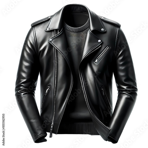 A sleek black leather jacket, perfect for layering over t-shirts or sweaters..isolated on white background