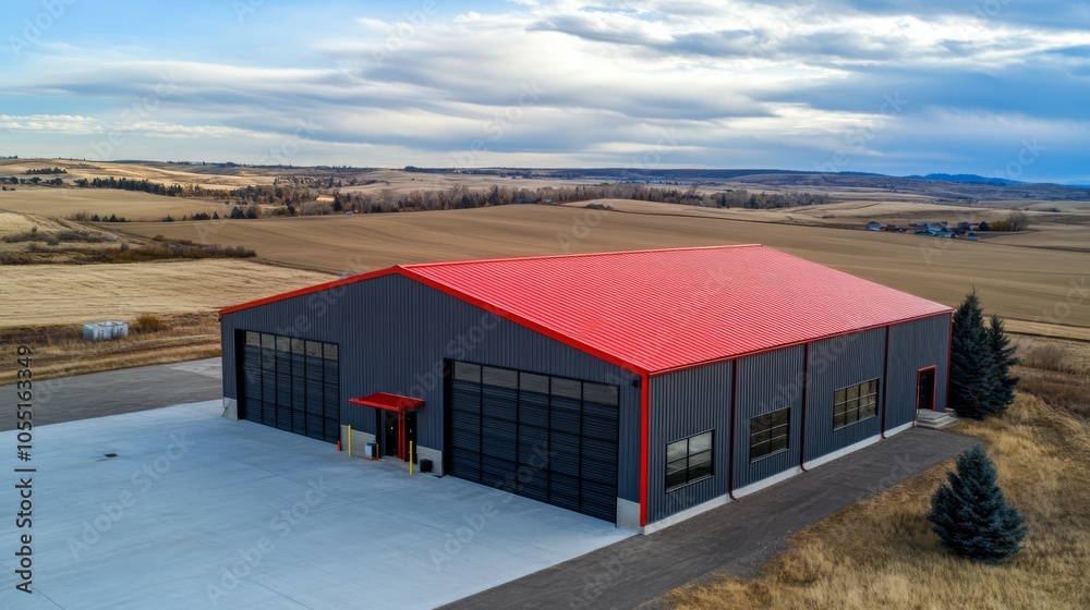 Fototapeta premium Modern Metal Building: Red Roof, Gray Walls 