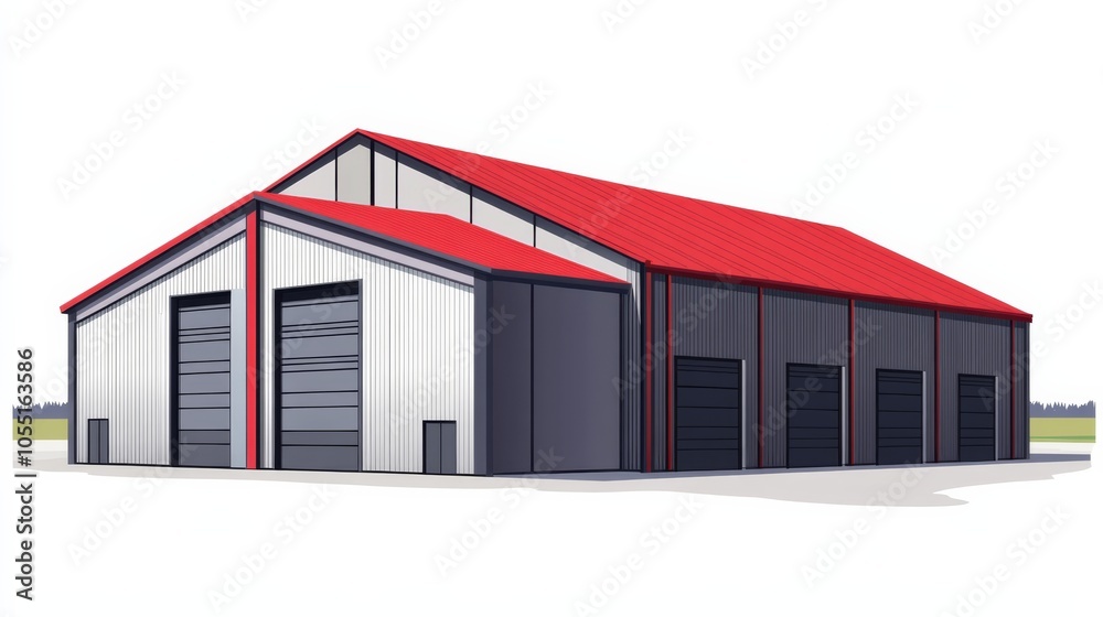Modern Metal Building with Red Roof & Four Garage Doors Modern Metal Building with Red Roof & Four Garage Doors