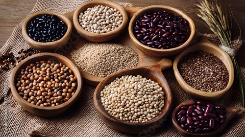 Variety of beans and grains displayed in wooden bowls and wicker baskets.