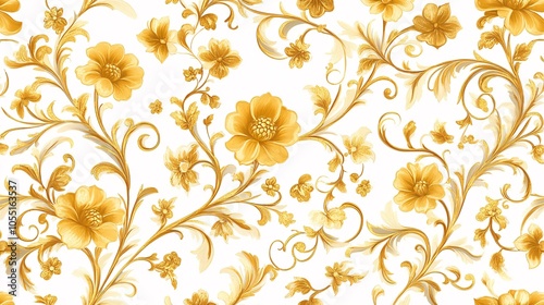 2410 85.A seamless floral pattern with elegant gold detailing, featuring stylized flowers and vines arranged in a symmetrical, classical design. The golden accents give the pattern a regal, refined