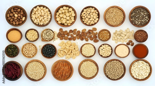 Assorted nuts, seeds, and grains arranged in wooden bowls.