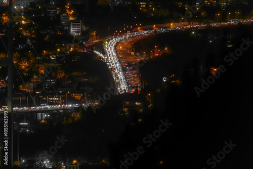Aerial view of night time traffic on one of the main hoghways in Istanbul