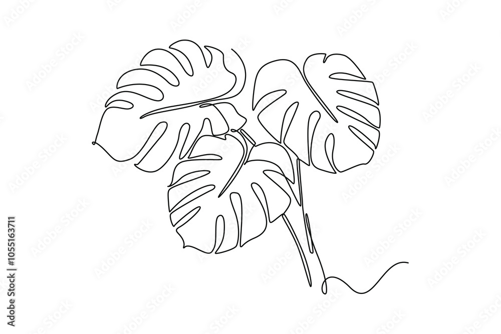 Continuous one line drawing of monstera leaf. Botany concept for poster, wall art, tote bag, mobile case, t-shirt. Decorative house plant for wall decor. Single line design vector graphic illustration Continuous one line drawing of monstera leaf. Botany concept for poster, wall art, tote bag, mobile case, t-shirt. Decorative house plant for wall decor. Single line design vector graphic illustration