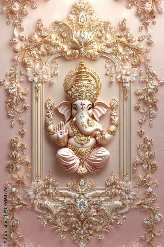 Fototapeta premium Intricate Ornate Sculpture of Lord Ganesha in Elegant Pastel Tones with Detailed Embellishments and Floral Motifs