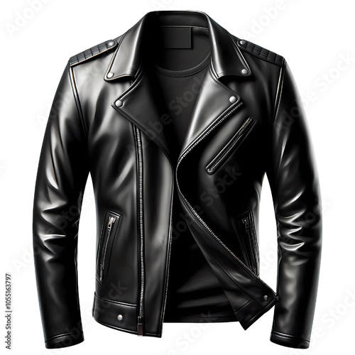 A sleek black leather jacket, perfect for layering over t-shirts or sweaters..isolated on white background