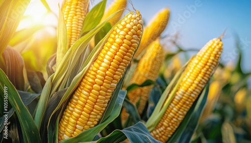 Ripe Yellow Corn Cob in Sunlight Close-Up, Golden Corn Kernels Growing, Agriculture Harvest, Farm Field