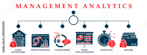 Management analytics web banner icons collection. Containing icon of data research, business report, data recovery, planning, business idea and market analysis. Red dan dark blue concept. 