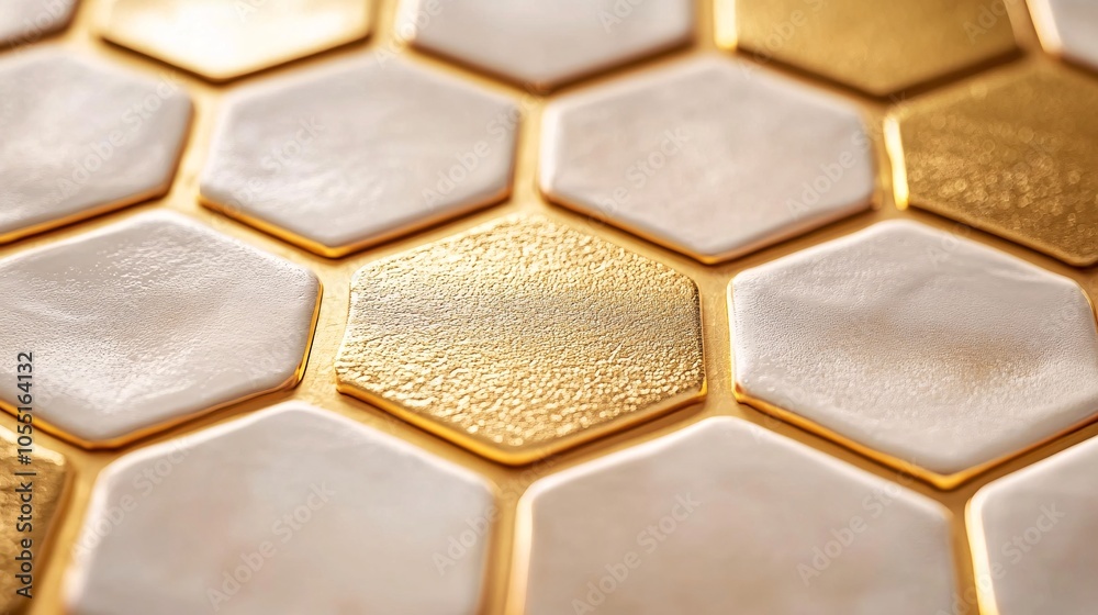Fototapeta premium 2410 68.A seamless hexagon pattern resembling a honeycomb structure, with each cell outlined in shimmering gold. The golden strips between the hexagons add a sense of flow and continuity, while the