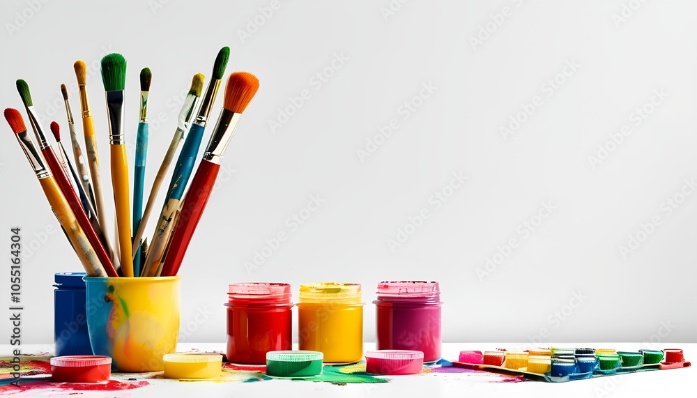 Obraz premium colorful paints and brushes on a table