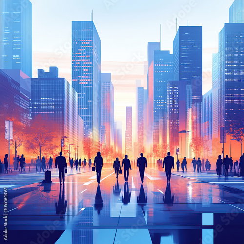 Flat illustration of a bustling cityscape with skyscrapers and busy streets. People are walking in the foreground