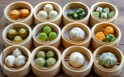 A variety of colorful dumplings arranged on a rustic wooden table in a cozy kitchen setting.