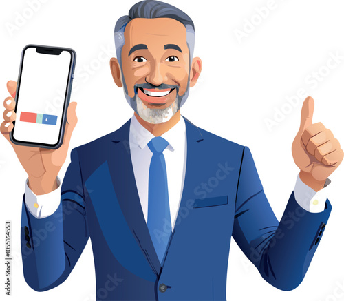 Smiling businessman showing mobile phone and giving thumbs up