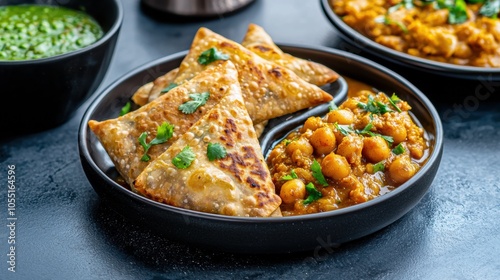 Delicious Indian Samosas with Chickpea Curry Platter