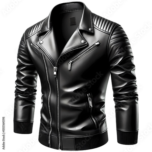 A sleek black leather jacket, perfect for layering over t-shirts or sweaters..isolated on white background