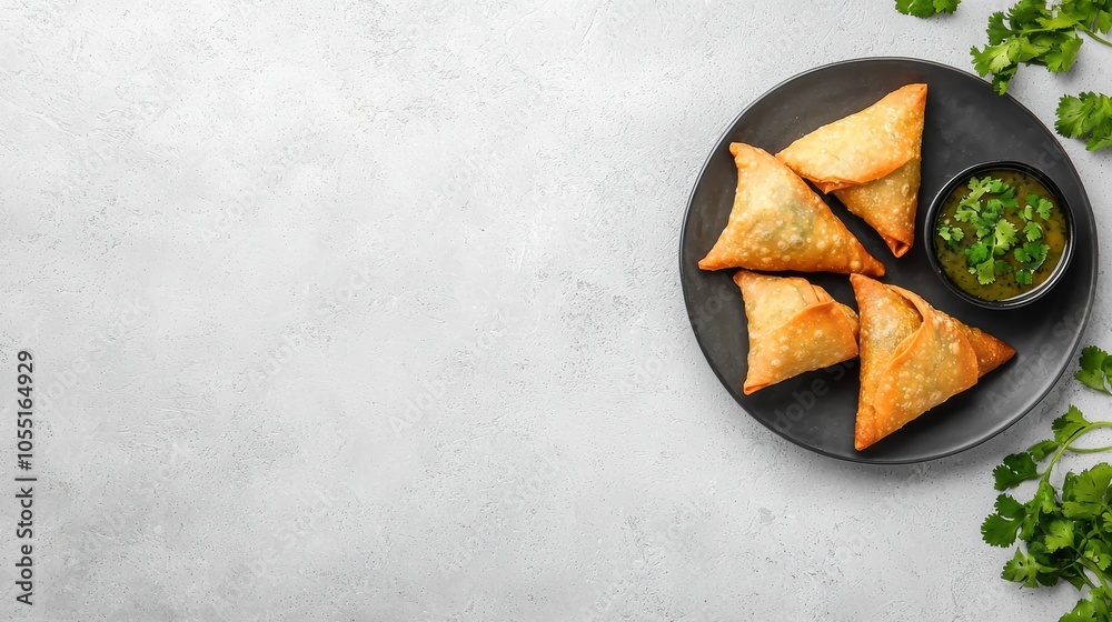 Delicious Samosas with Cilantro Sauce on Plate Delicious Samosas with Cilantro Sauce on Plate