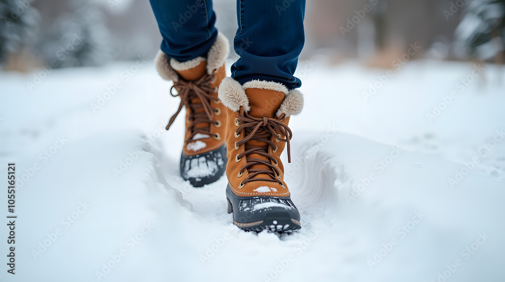 Legs of a young woman in warm boots walking in the snow Legs of a young woman in warm boots walking in the snow