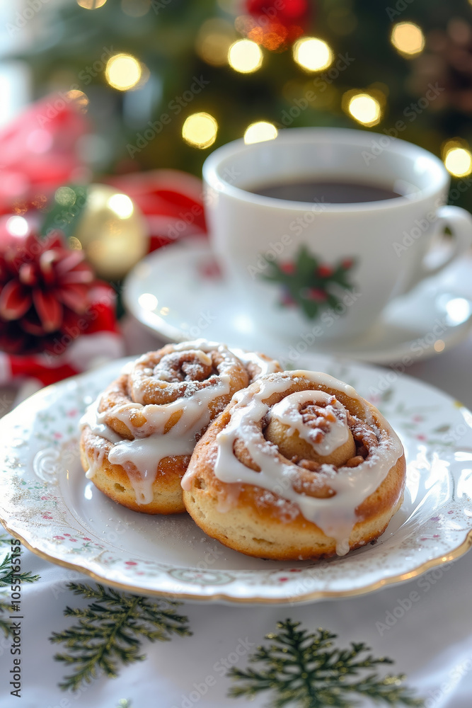 A plate of two cinnamon rolls with icing and a cup of coffee on a table with a Christmas tree in the background A plate of two cinnamon rolls with icing and a cup of coffee on a table with a Christmas tree in the background