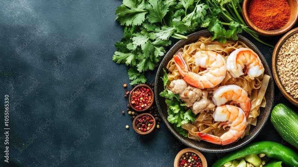 Fresh Shrimp with Noodles and Herbs on Dark Table Fresh Shrimp with Noodles and Herbs on Dark Table