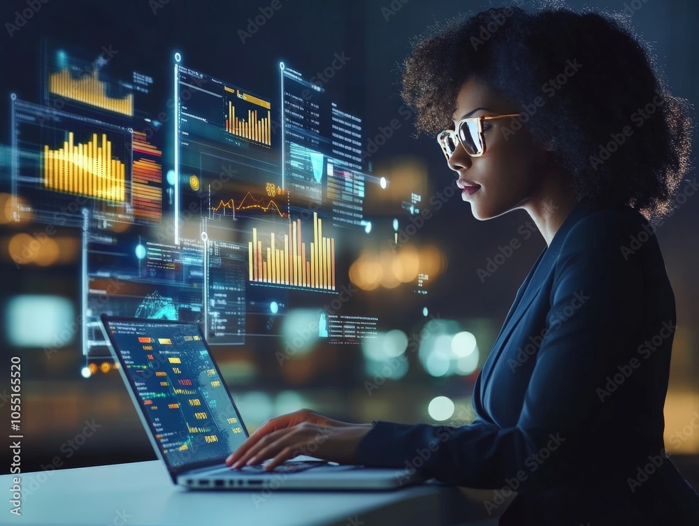 Woman analyzing data on laptop. Woman analyzing data on laptop.
