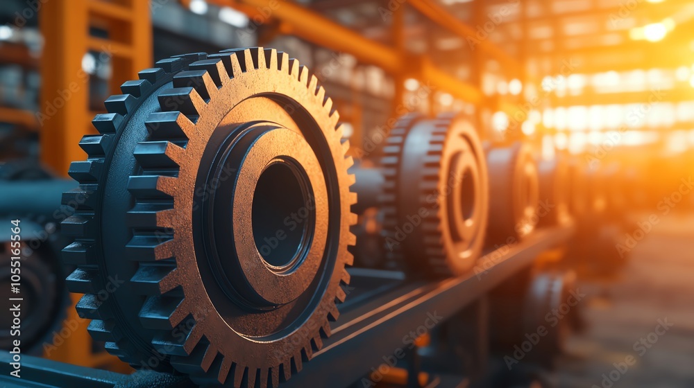 Massive gears turning in a mechanical plant, industrial setting, soft morning light streaming through windows, wide shot Massive gears turning in a mechanical plant, industrial setting, soft morning light streaming through windows, wide shot