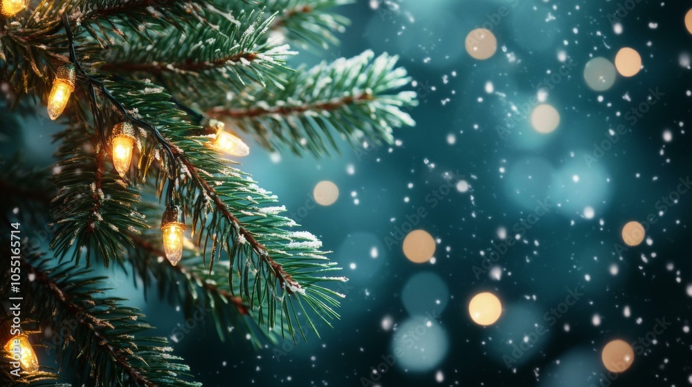 Snow-covered Christmas tree branch adorned with twinkling lights, evoking a festive winter ambiance. Snow-covered Christmas tree branch adorned with twinkling lights, evoking a festive winter ambiance.