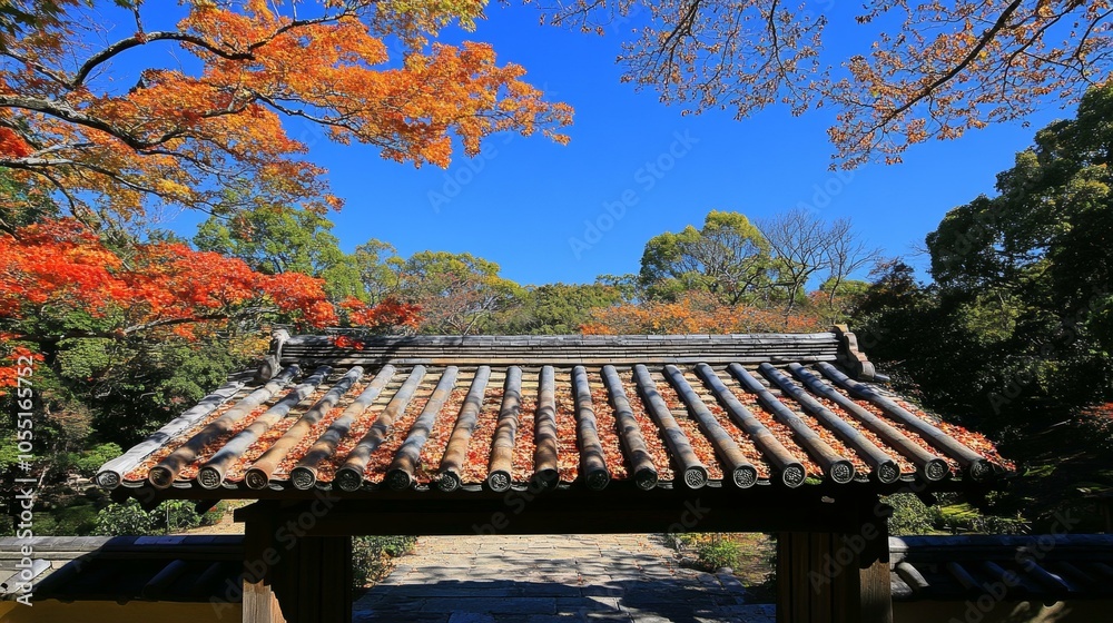 A vibrant red maple tree stands out against the backdrop of a traditional shingled rooftop. A vibrant red maple tree stands out against the backdrop of a traditional shingled rooftop.