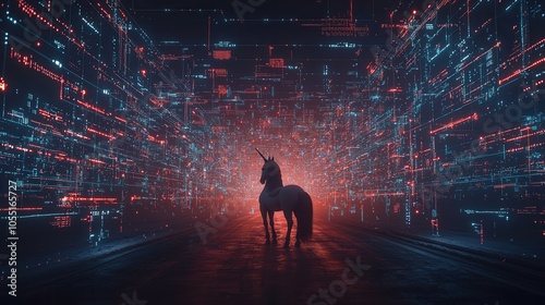 An imaginative unicorn stands in a futuristic digital landscape, illuminated by vibrant colors and glowing data patterns.