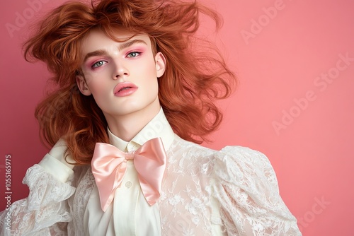 a androgynous male wearing female makeup with pink dominating the color and having a bouffant hairstyle , with elegant dress 