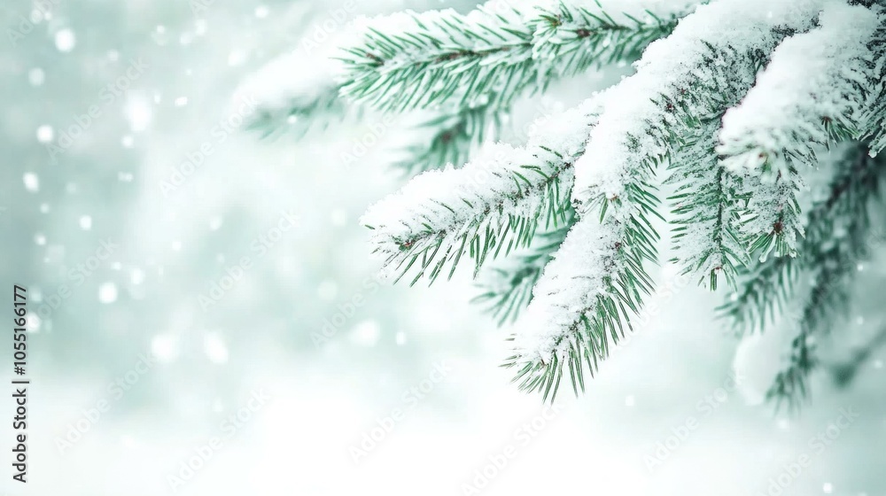 Snow-covered fir branch with delicate needles, capturing the serene beauty of a winter landscape. Snow-covered fir branch with delicate needles, capturing the serene beauty of a winter landscape.