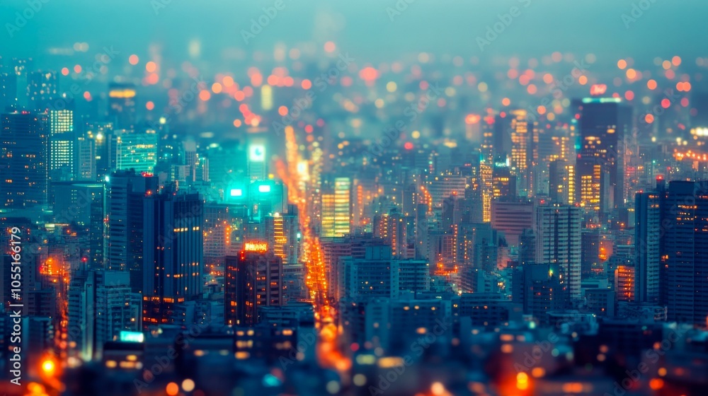 Fototapeta premium Aerial view of a bustling urban cityscape with skyscrapers and busy streets under a clear blue sky.