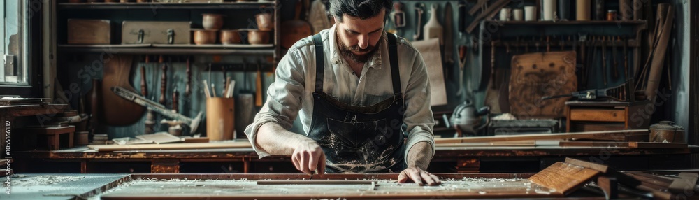 Craftsman working intently in a rustic workshop on wood projects.