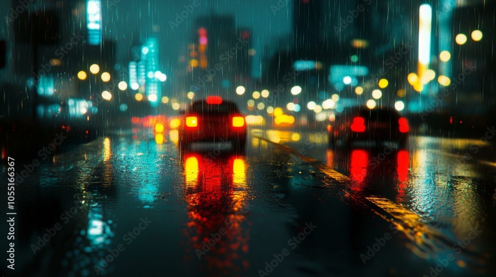Fototapeta premium Cars swiftly moving on a rain-soaked urban street, headlights reflecting on the shiny wet pavement.