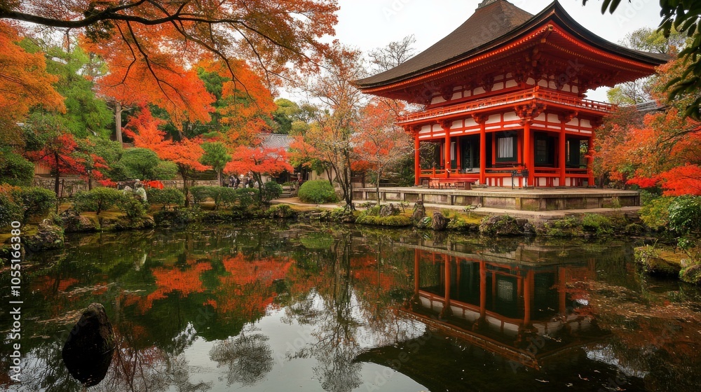 Fototapeta premium A vibrant red pagoda stands serenely in the center of a tranquil pond surrounded by lush greenery.
