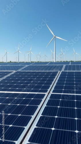 Solar panels and wind turbines create a clean energy farm solar panel Ultra realistic Photorealistic 