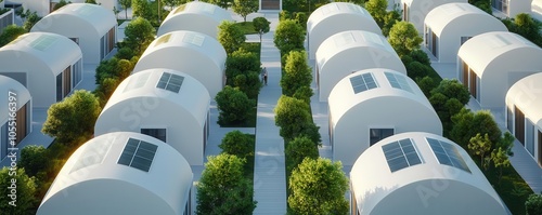 Carbon-neutral community, eco-friendly housing, shared spaces, 3D illustration