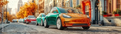 Electric vehicles, modern city streets, zero emissions, 3D illustration