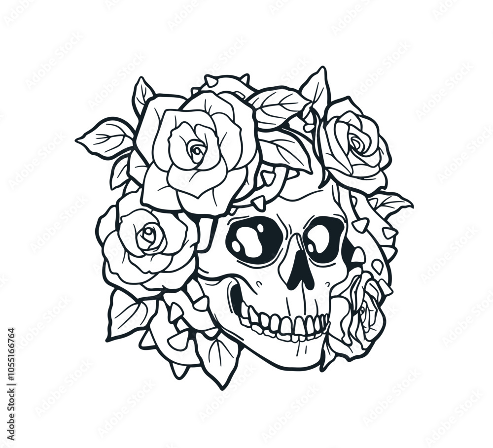 Obraz premium Skull with flower blossom, detailed ink drawing, tattoo design. Head bone, floral skeleton. Contoured outline etching, Catrina. Hand-drawn engraved vector illustration isolated on white background