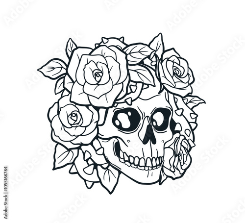 Skull with flower blossom, detailed ink drawing, tattoo design. Head bone, floral skeleton. Contoured outline etching, Catrina. Hand-drawn engraved vector illustration isolated on white background