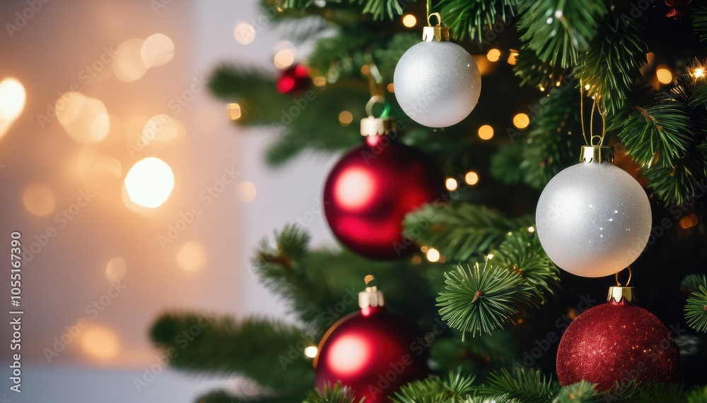 Obraz premium Close up christmas tree decorated with christmas balls