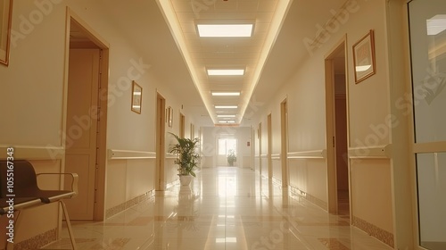 Clean hospital hallway with soft, ambient lighting