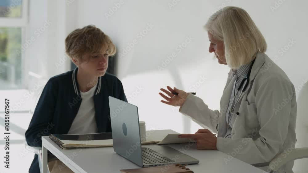 Caucasian schoolboy sneezing and wipes nose with napkin while sitting in medical cabinet office with doctor. American white preteen kid coughing in paper tissue, senior doctor explaining treatment Caucasian schoolboy sneezing and wipes nose with napkin while sitting in medical cabinet office with doctor. American white preteen kid coughing in paper tissue, senior doctor explaining treatment