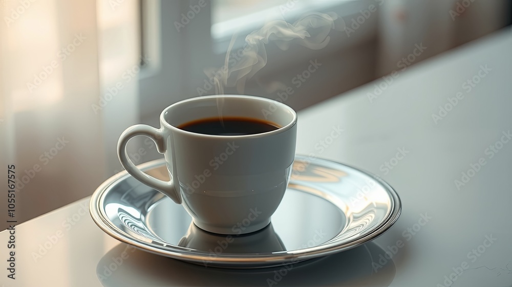 A steaming cup of coffee on a reflective silver saucer, bathed in soft morning light A steaming cup of coffee on a reflective silver saucer, bathed in soft morning light