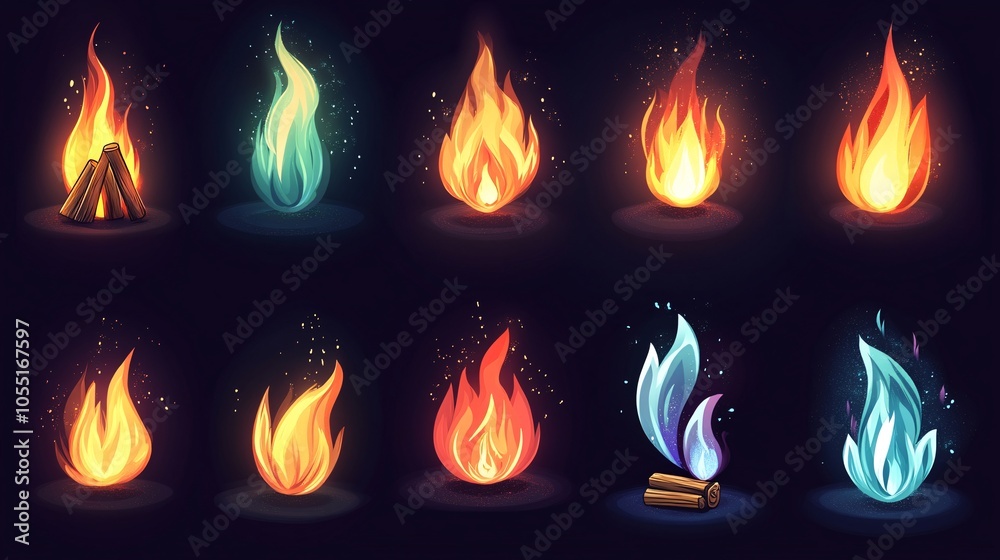 2410 114.A variety of fire flame icons in vector format, featuring different types of flames, including campfires, bonfires, and single fire signs. The flames are drawn with sharp edges and soft 2410 114.A variety of fire flame icons in vector format, featuring different types of flames, including campfires, bonfires, and single fire signs. The flames are drawn with sharp edges and soft