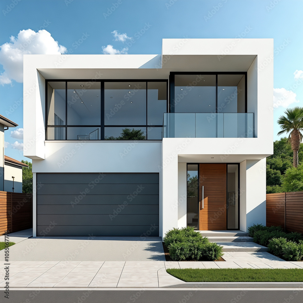 Modern house with a black garage door and a large glass window Modern house with a black garage door and a large glass window