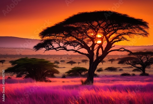 expansive savanna landscapes infused breathtaking sunset hues showcasing vibrant palette colors, nature, sky, clouds, grassland, trees, view, beauty, orange